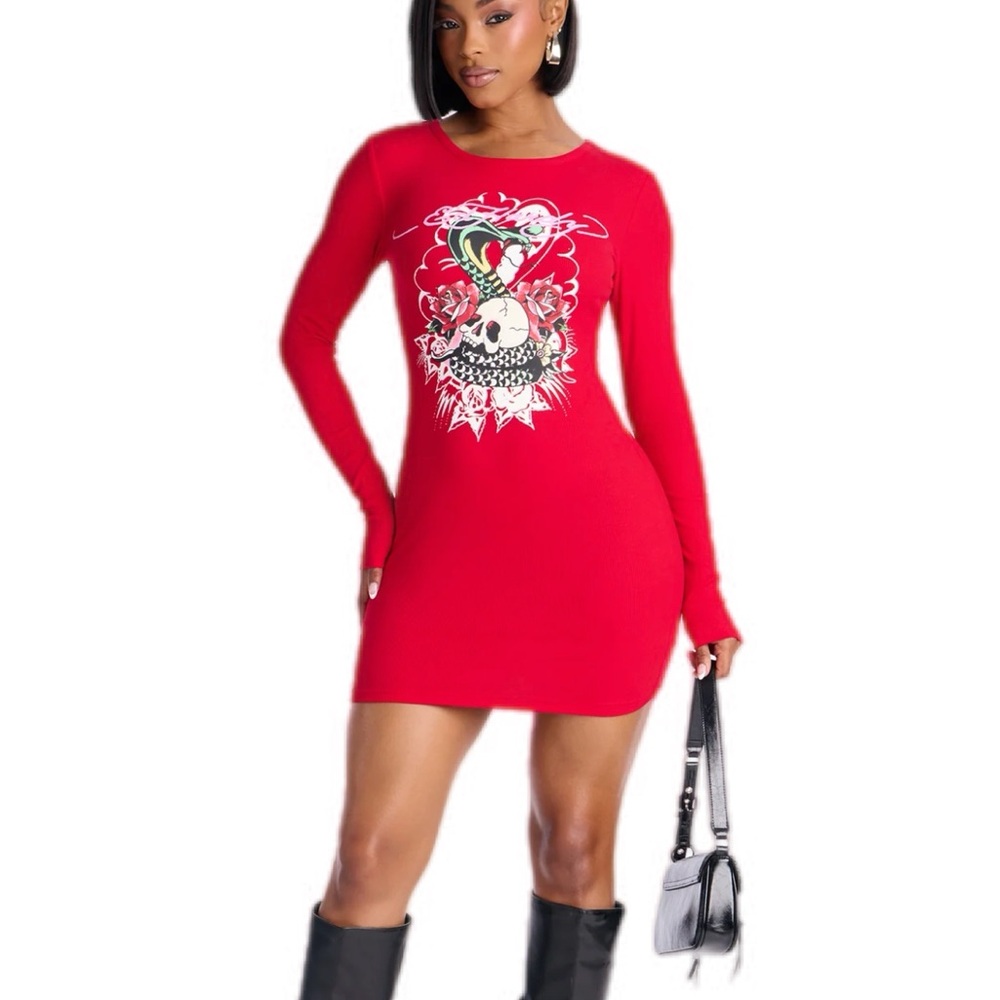 Ed Hardy Red Mini Dress with Skull Design